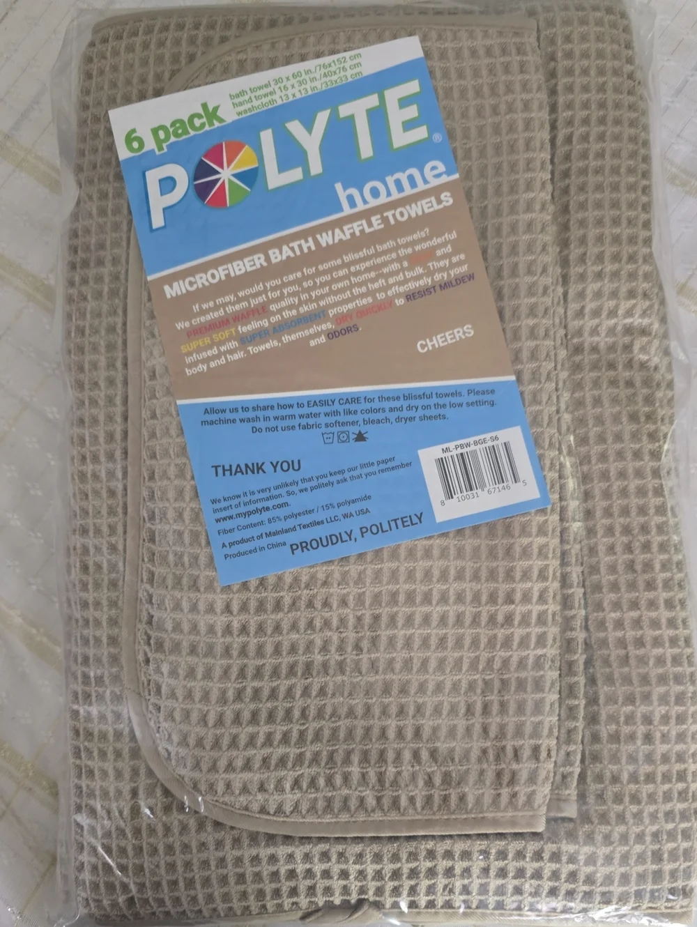 Polyte Microfiber Bath Waffle Towels 6 Pc Set, Bath, Hand, Washcloth Beige New